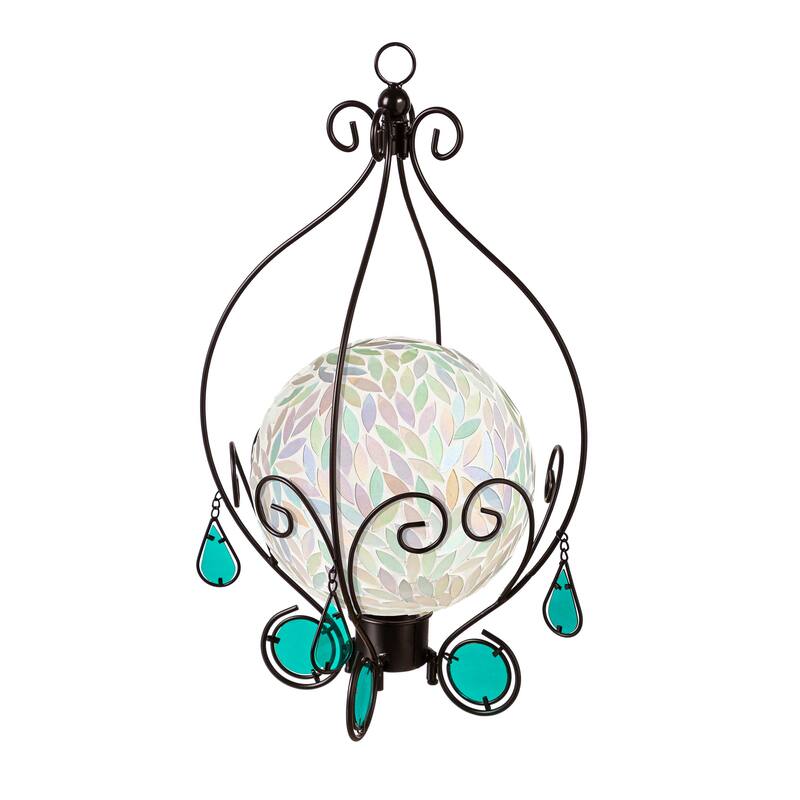 21 in. Metal Gazing Ball Hanging Holder with Blue Glass Tear Drops