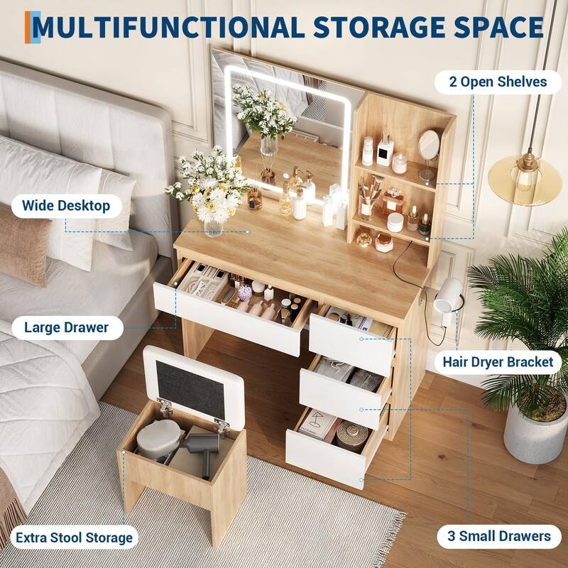 Vanity Desk with LED Mirror, Charging Ports, Storage Stool, Drawers, Hair Dryer Holder