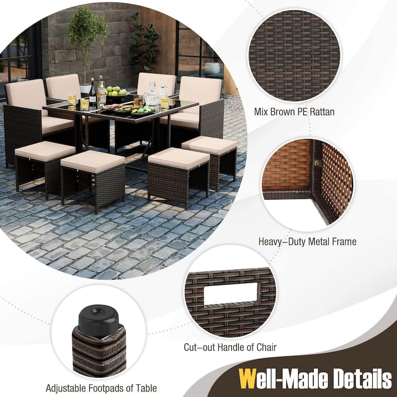 Costway 9 PCS Patio Dining Set with Tempered Glass Table & Ottoman - See Details