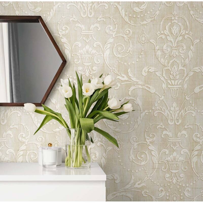 Seabrook Designs Primrose Striped Scroll Damask Unpasted Wallpaper - 20.5 in. W x 33 ft. L bolt 56 sq. ft.