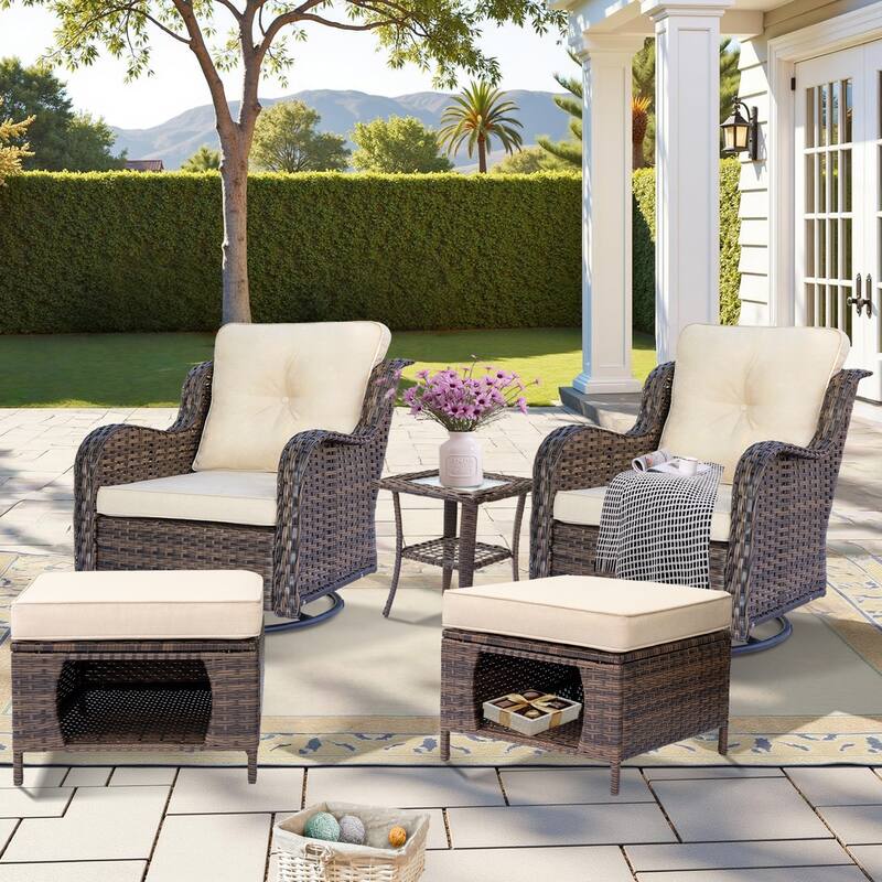 5 Piece Outdoor Wicker Patio Furniture Swivel Chair with Ottoman Set - Cream-Brown Rattan