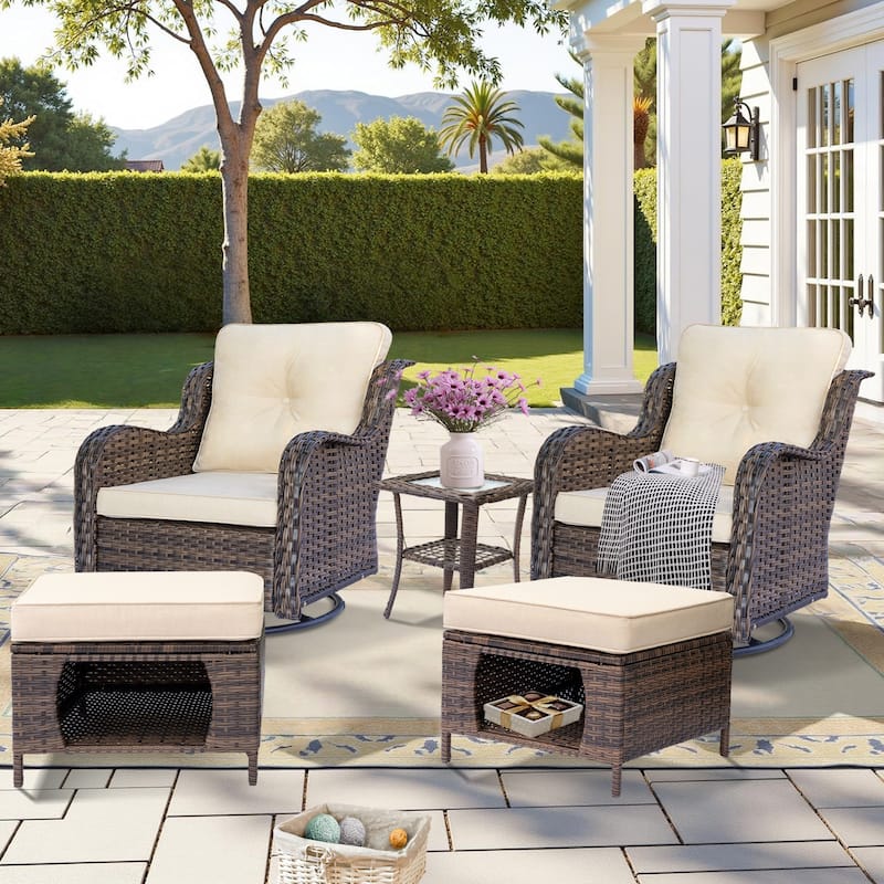 High Back Wicker 5 Piece Patio Set-Outdoor Swivel Chair with Ottoman - 5 Piece - Cream/Brown Wicker