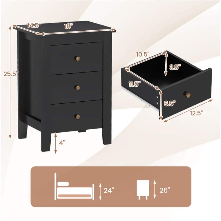 Bedside Table with 3 Drawers and Open Shelf Compact Storage Cabinet for Bedroom