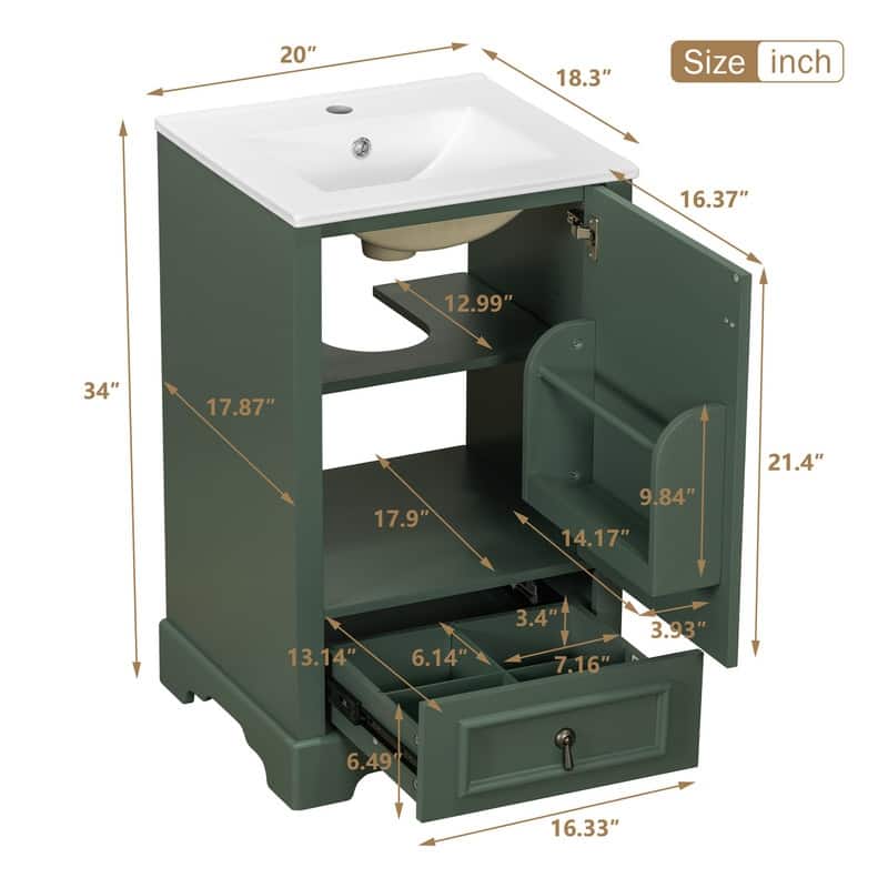 20" Bathroom Vanity with Ceramic Sink, Soft Close Door, Adjustable U-Shaped Shelf