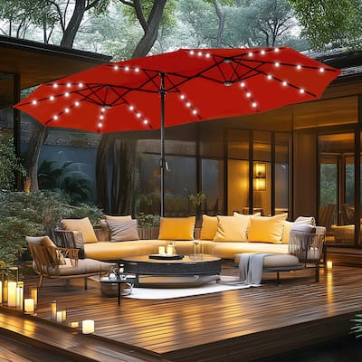 MAISON ARTS 15-foot Rectangular Crank Double-sided Outdoor Market Umbrella Solar LED Lighted Patio Umbrella with Base Included