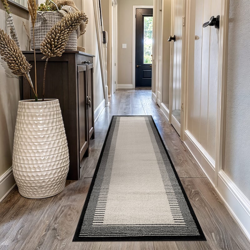 World Rug Gallery Modern Abstract Bordered Area Rug for Living Room, Bedroom, or Entryway - Low Pile Indoor Rug - Cream - Runner - 2'3" x 12'