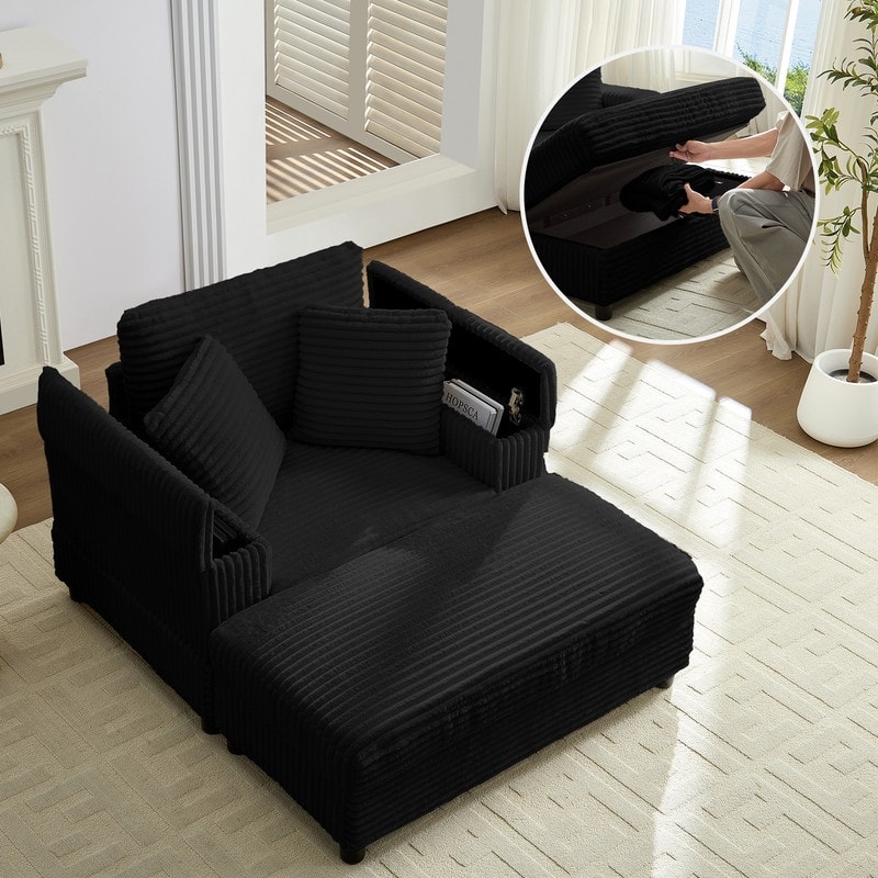 Mixoy 42‘’Corduroy Chaise Lounge Chair with Storage Ottoman&Armrests,Upholstered Sleeper Reclining Chair