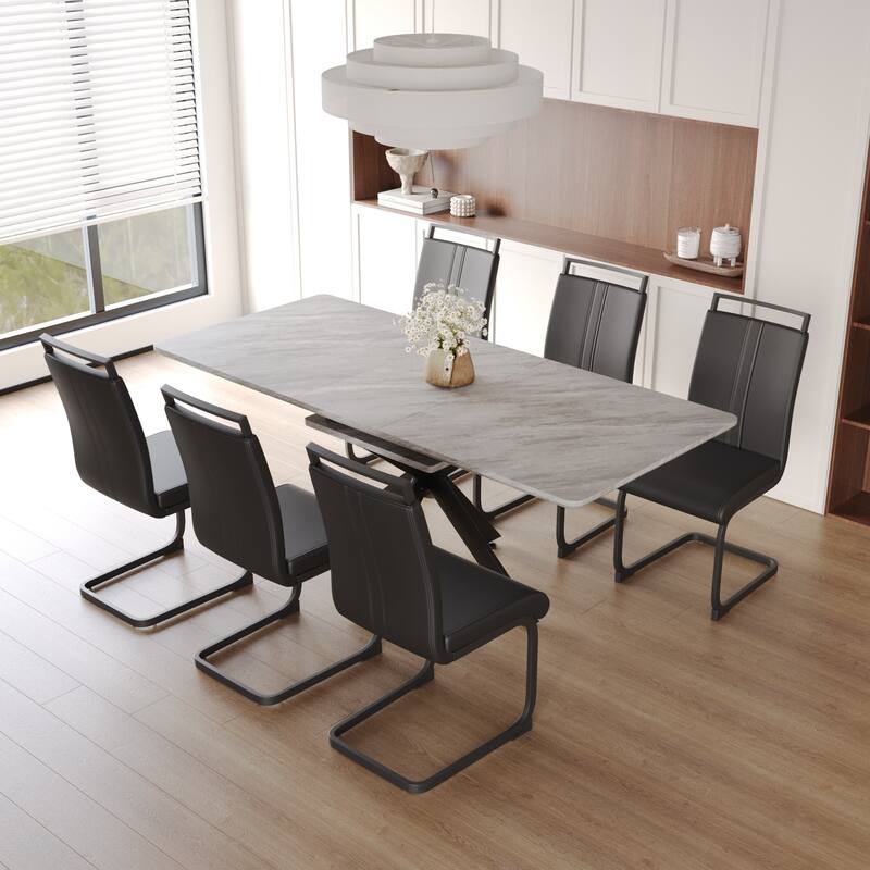 Modern Dining Set with Rectangular Extendable Table & C-shaped Tube Soft Padded Armless Chairs