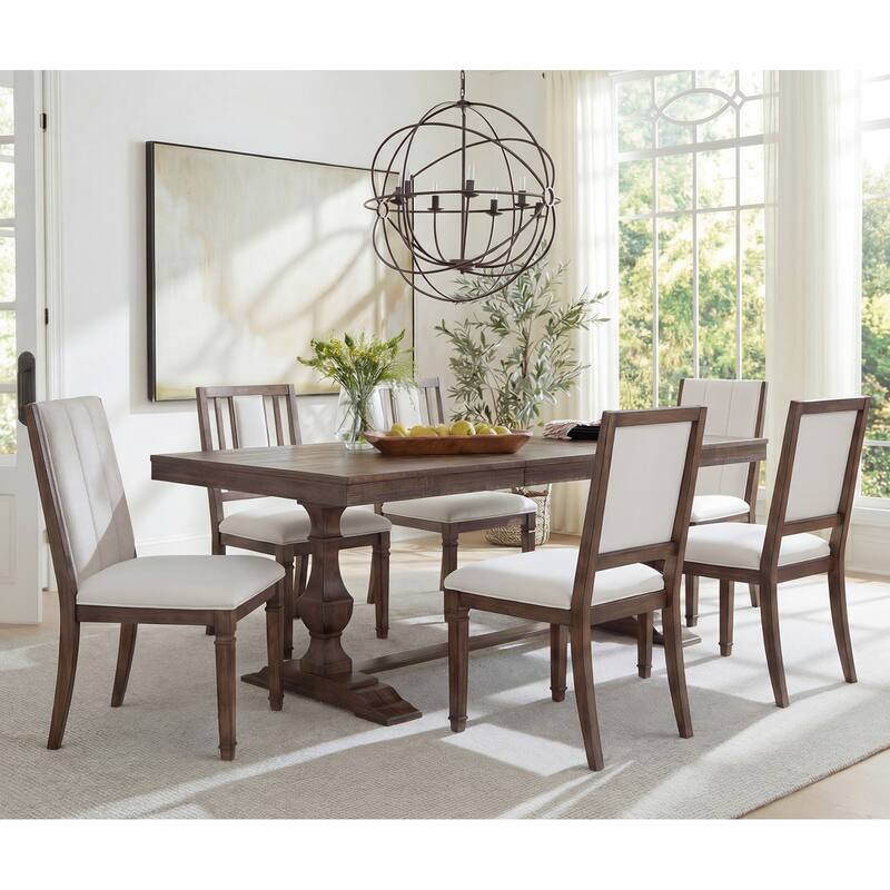 7-pieces Farmhouse Dining Table Set for 6, 74.8" Kitchen Table with Chairs, Solid Wood Legs and Upholstered Back - Espresso