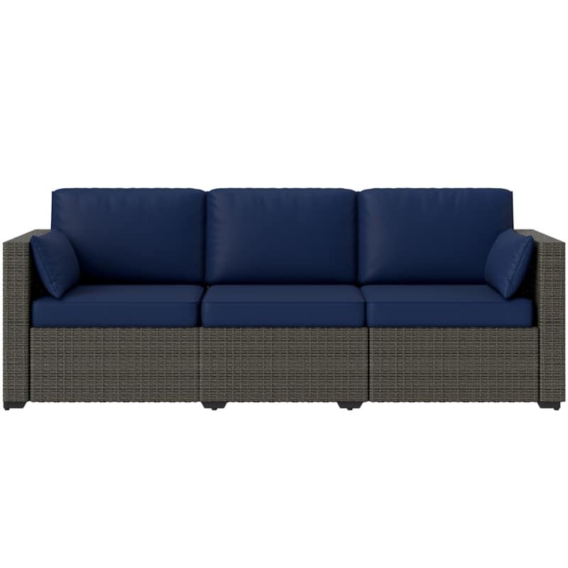 Navy Blue 3-Seat Outdoor Rattan Sofa with Cushions and Galvanized Steel Frame Perfect for Terrace - 78.7" W x 28.7" D x 28.3" H