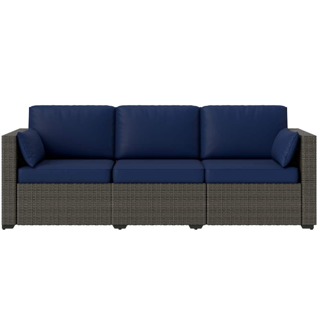 Navy Blue 3-Seat Outdoor Rattan Sofa with Cushions and Galvanized Steel Frame Perfect for Terrace - 78.7" W x 28.7" D x 28.3" H