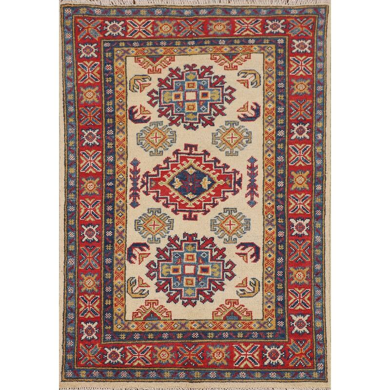 Geometric Beige Kazak Accent Rug Handmade Wool Carpet - 2'7" x 3'11"
