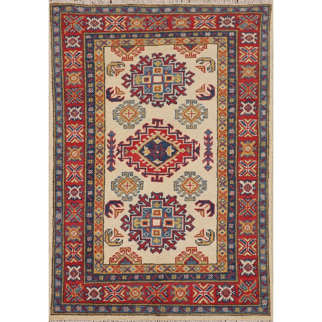 Geometric Beige Kazak Accent Rug Handmade Wool Carpet - 2'7" x 3'11"