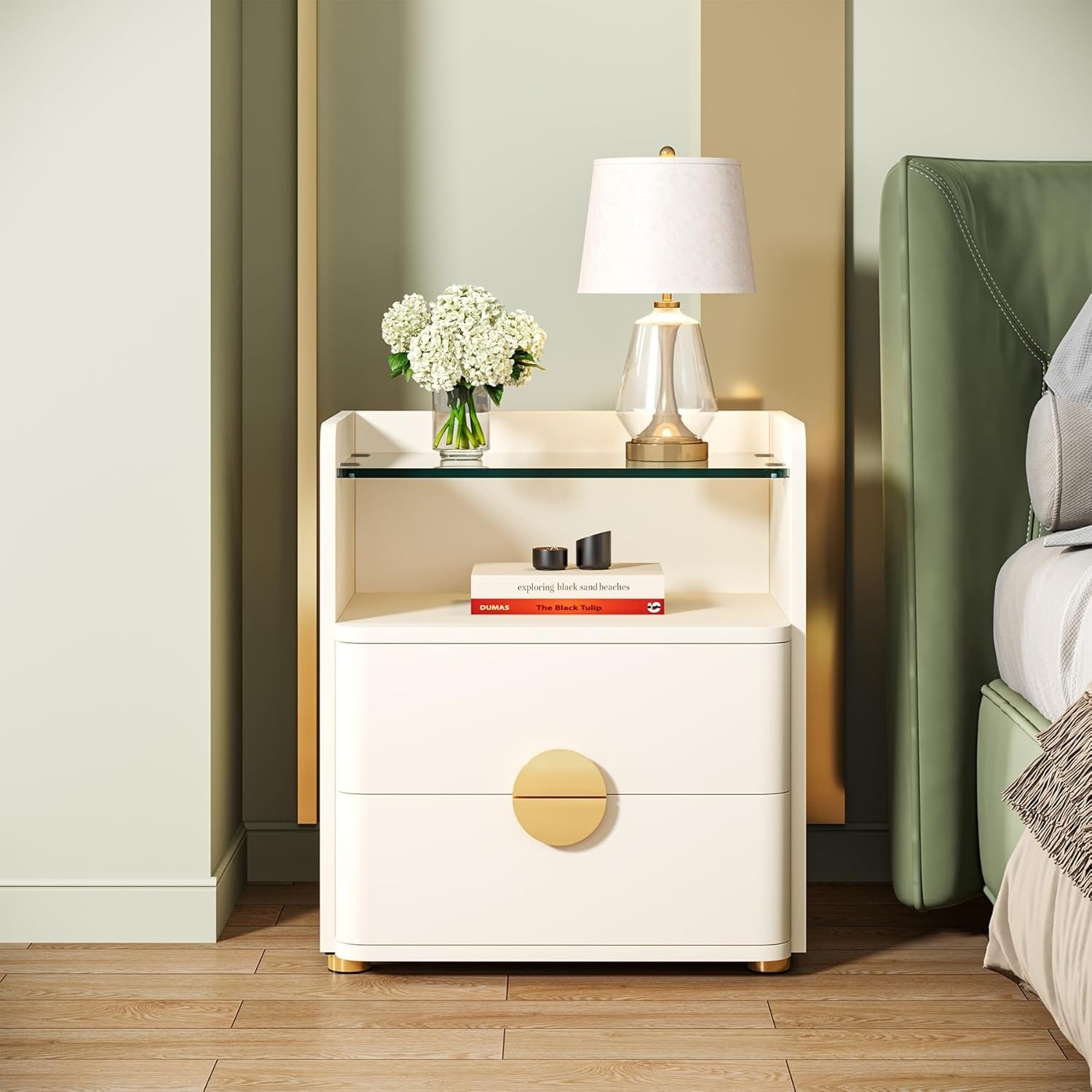 Modern Nightstand with Open Storage Shelf and 2 Drawers