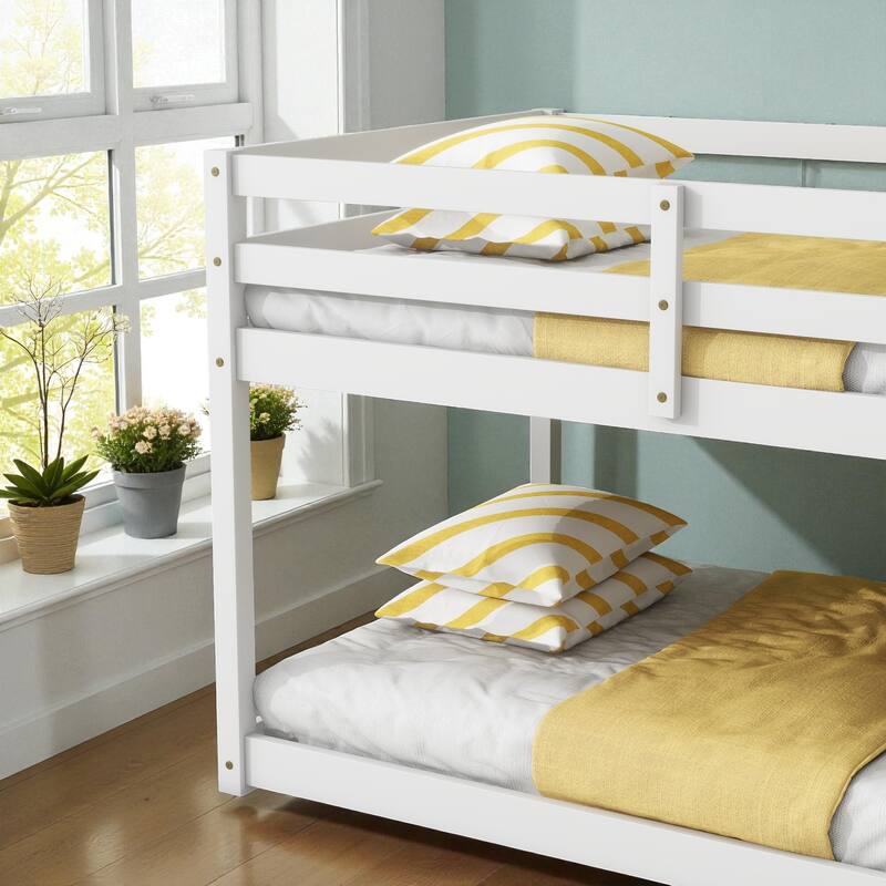 Solid Rubber Wood Twin Over Twin Floor Bunk Bed with Ladder, Low Height Design and Strengthened Slat Support