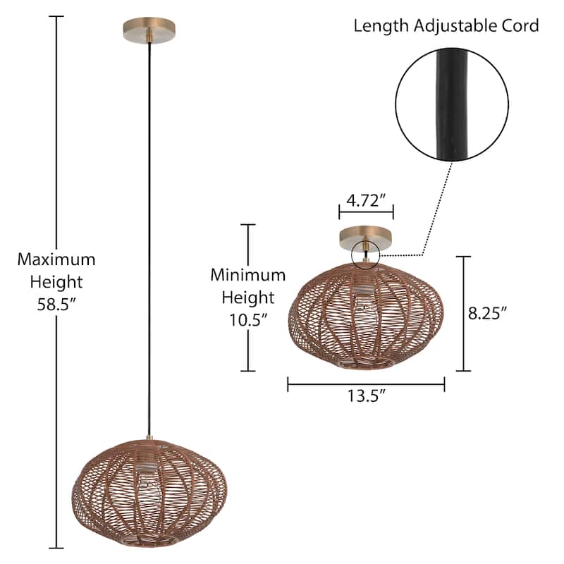 Jacqueline River of Goods Brown Woven Rattan Shade Globe Pendant Light - 13.5" x 13.5" x 10.5/58.5"