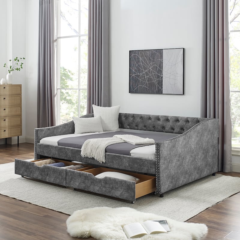 Mid-Century Linen Upholstered Daybed Platform Bed Frame with Storage Drawers, Button Tufted Back and Nailhead Trim Arms