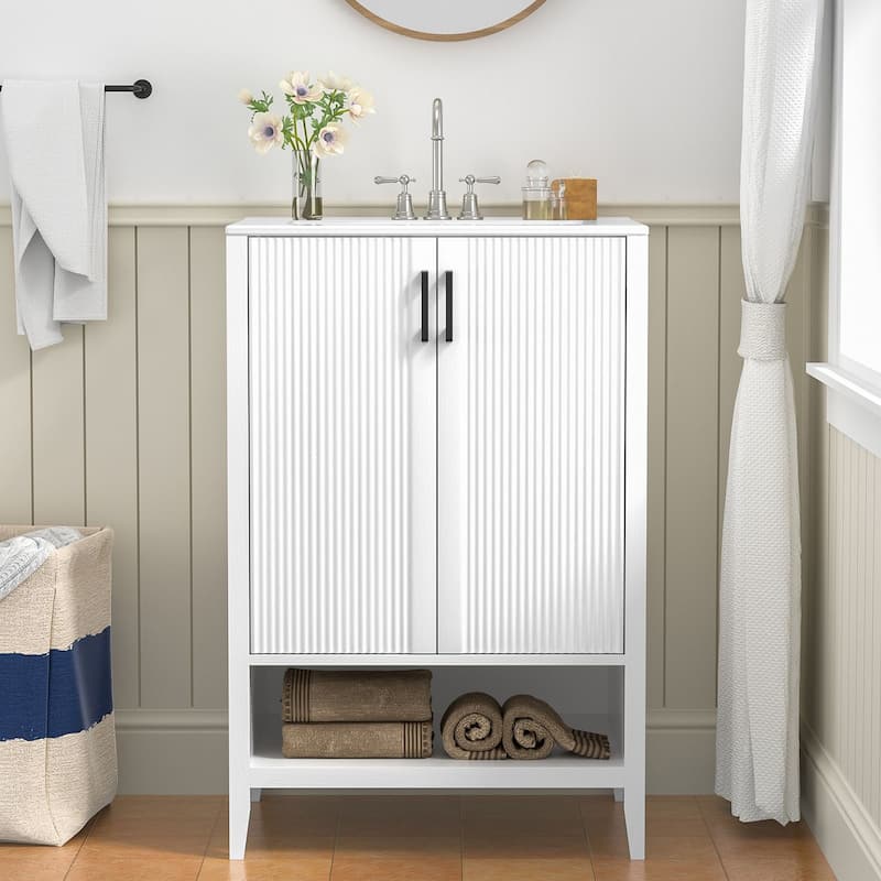 24" Freestanding Bathroom Vanity with Ceramic Sink, 2-Door Storage - White