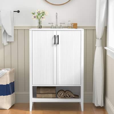 24" Freestanding Bathroom Vanity with Ceramic Sink, 2-Door Storage - White