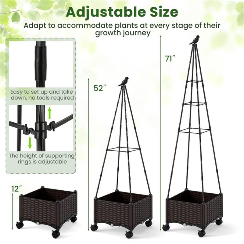 Adjustable Raised Garden Planter with Trellis 2-in-1 Self-Watering Box for Indoor or Outdoor - 16" x 16" x 71" (L x W x H)