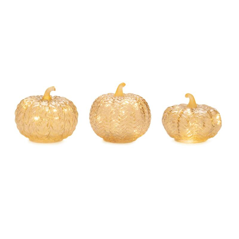 LED Lighted Glass Pumpkins Fall Decorations - 6" - Set of 3