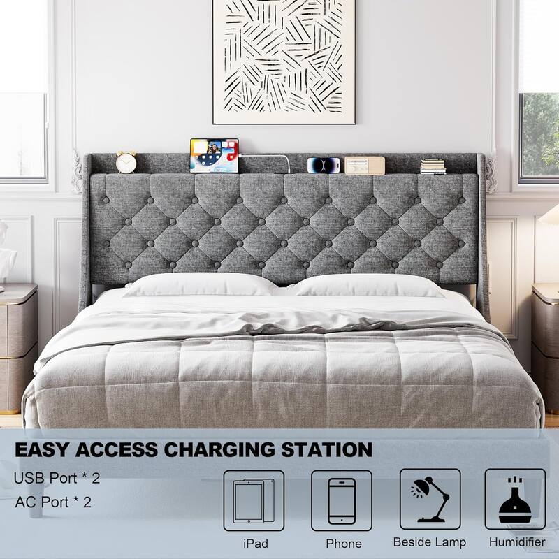 King Upholstered Platform Bed with Button Tufted Wingback Storage Headboard, Wood Slats, Charging Station, Noise-Free