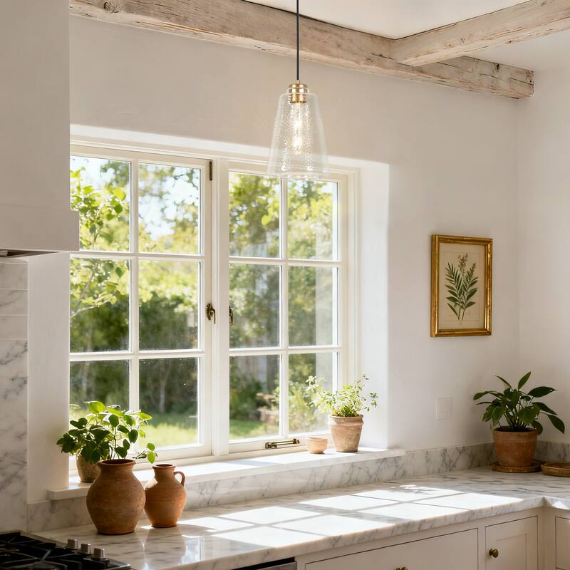 Modern Gold 1-Light Textured Clear Glass Pendant Light for Kitchen Island - D7.9"xH12.5"