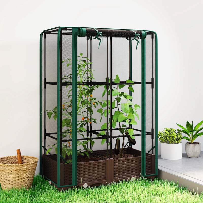 Outsunny Raised Garden Bed with Trellis,Tomato Cage with Crop Cage, Self Watering Planter Box with Drainage Holes and Plugs - Green
