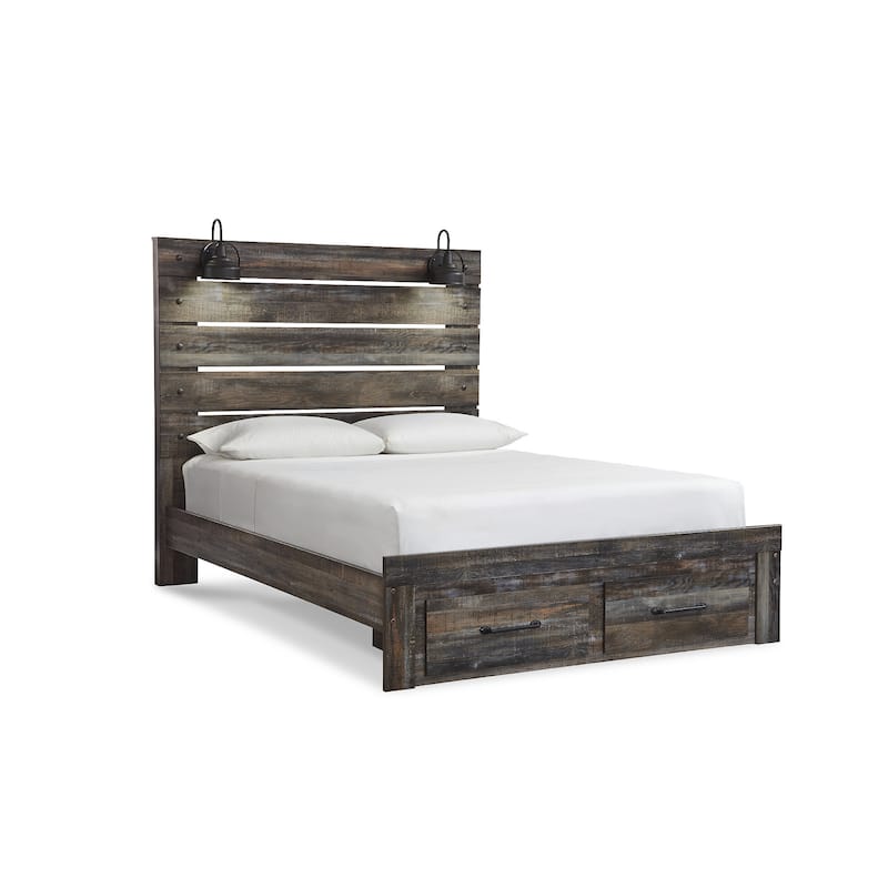 Drystan Rustic Brown Panel Bed with Footboard Storage Drawers