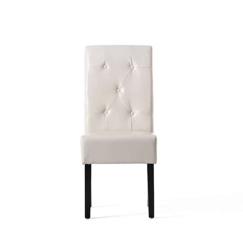 Alina Dining Chair Set of 2, Tufted Ivory Bonded Leather, Black Wood