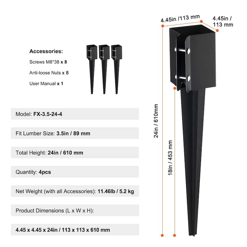 Fence Post Anchor Ground Spike, Outer Diameter (Inner Diameter 3.5 x3.5 Inches), Metal Black Powder Coated Post Stake Ground