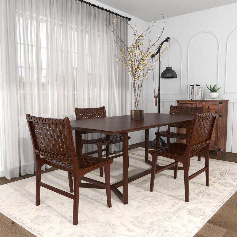 Brown, Black, White Leather Handmade Woven Kitchen Dining Chair with Teak Wood Frame