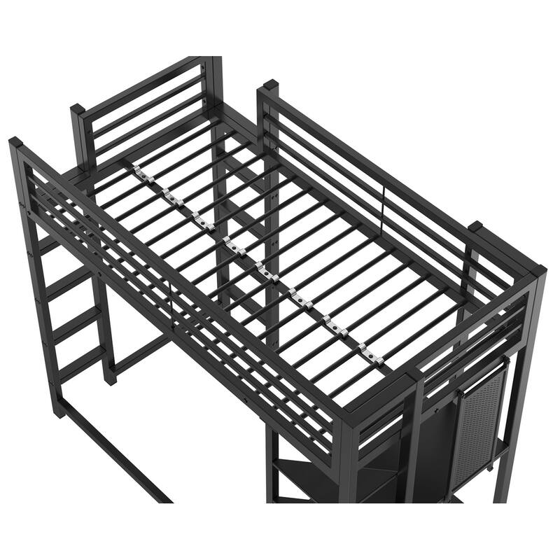 Twin Size Metal Loft Bed with Integrated Desk and Storage, Study & Sleep Space-Saving Solution