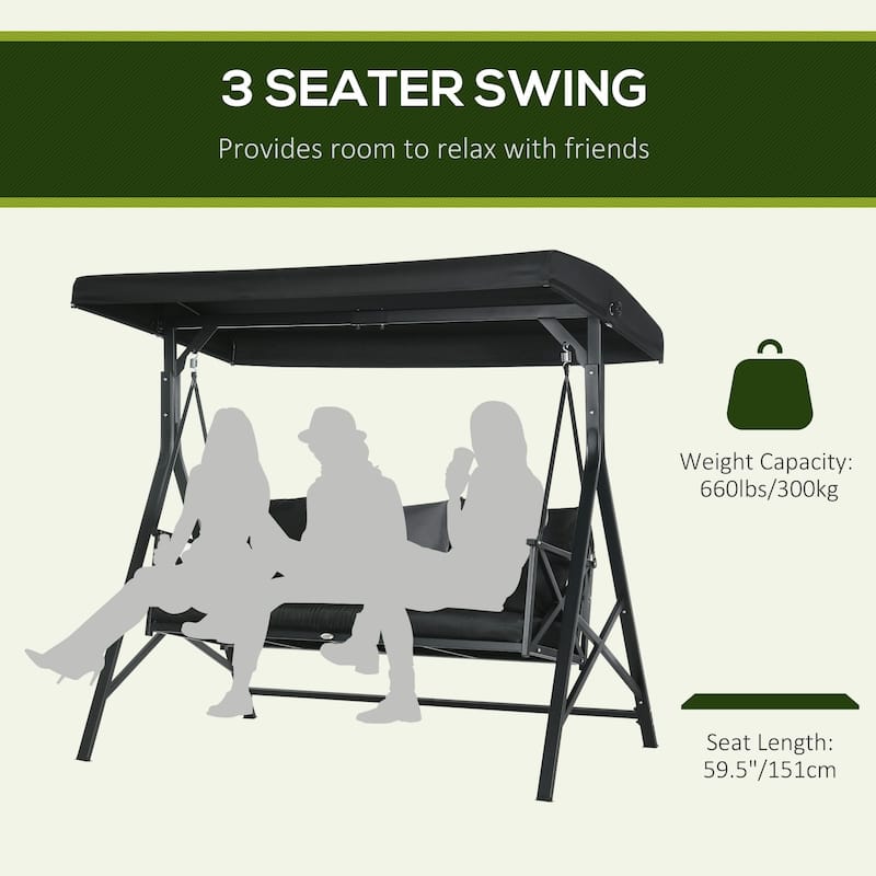 3-Seat Patio Swing Chair, Porch Swing Glider with Cushion, 3 Throw Pillows & Adjustable Canopy for Porch, Garden, Backyard