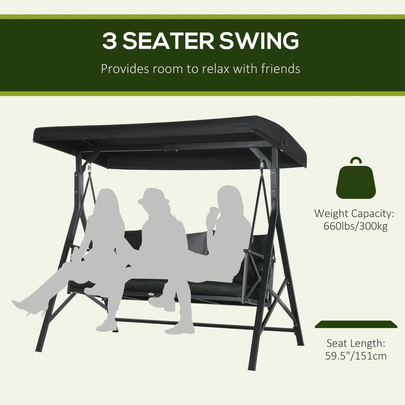 Steel 3-Seat Patio Swing with Canopy & Pillows