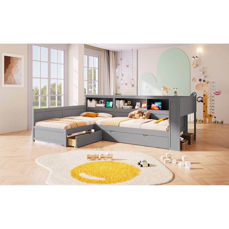 Roomfitters Twin L-Shaped Platform Bed with Trundle, Drawer and Charging Station