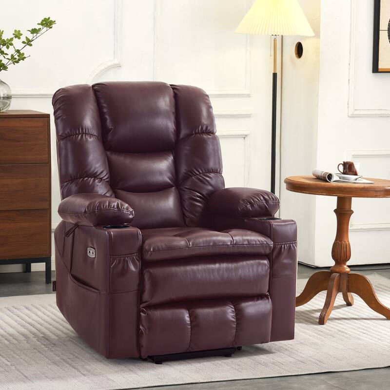 MCombo Large Dual Motor Power Lift Recliner Chair with Massage and Dual Heating for Elderly People, Faux Leather 7634 - Wine