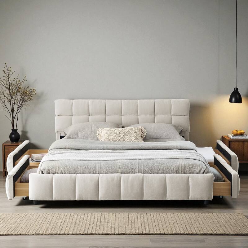 Queen Upholstered Platform Bed with Chenille Fabric, Soft Headboard & Underbed Storage Drawer, Solid Bed Frame