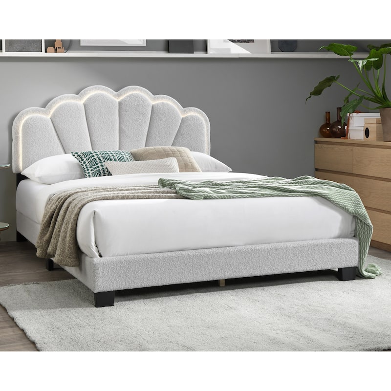 White 1pc Queen Size Bed Wool Fabric Floral Design Headboard w LED Fully Upholstered Platform Bedframe