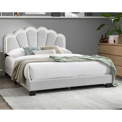White 1pc Queen Size Bed Wool Fabric Floral Design Headboard w LED Fully Upholstered Platform Bedframe