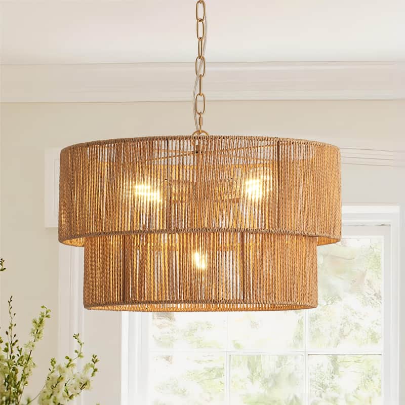 Starsky 5-Light 21in. Rattan Boho Tiered Drum Hand Woven Chandelier with Natural Rope Paper Shade - Yellow