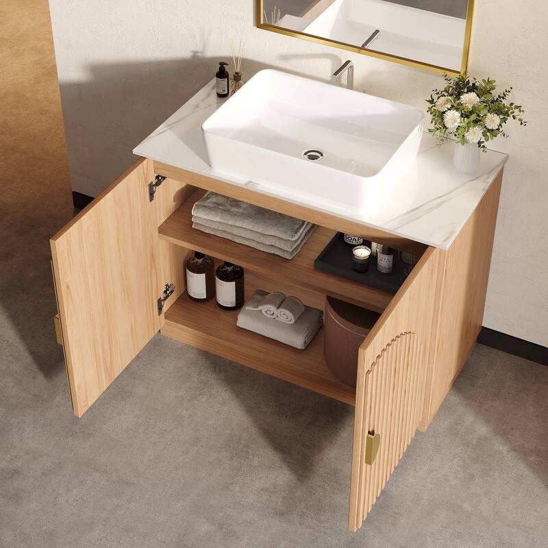 36" Mid - Century Modern Bathroom Vanity With Single Sink Grille Door & Gold Accents