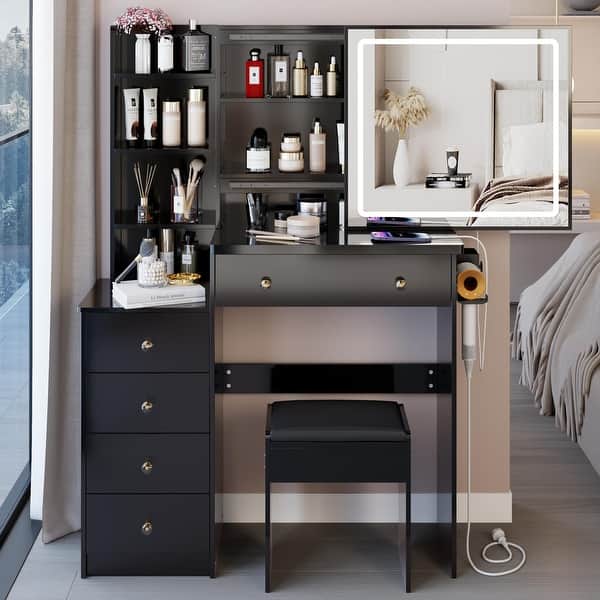 Vanity Table with Control LED Sliding Mirror, Dressing Table Set