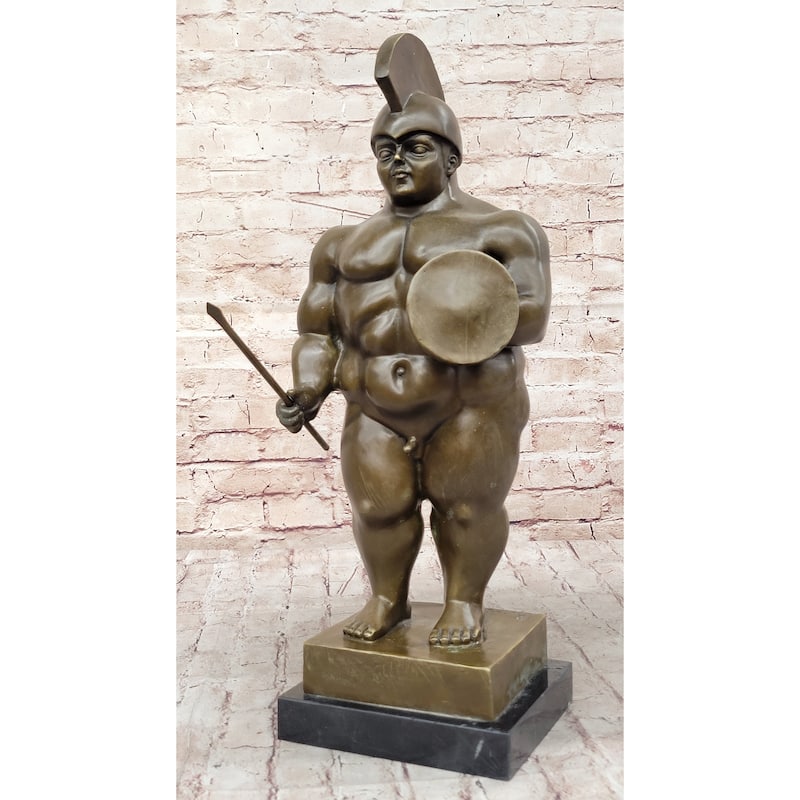Greek Or Roman Warrior By Botero Bronze Sculpture Marble Base Statue Figurine Decor