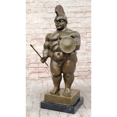 Greek Or Roman Warrior By Botero Bronze Sculpture Marble Base Statue Figurine Decor