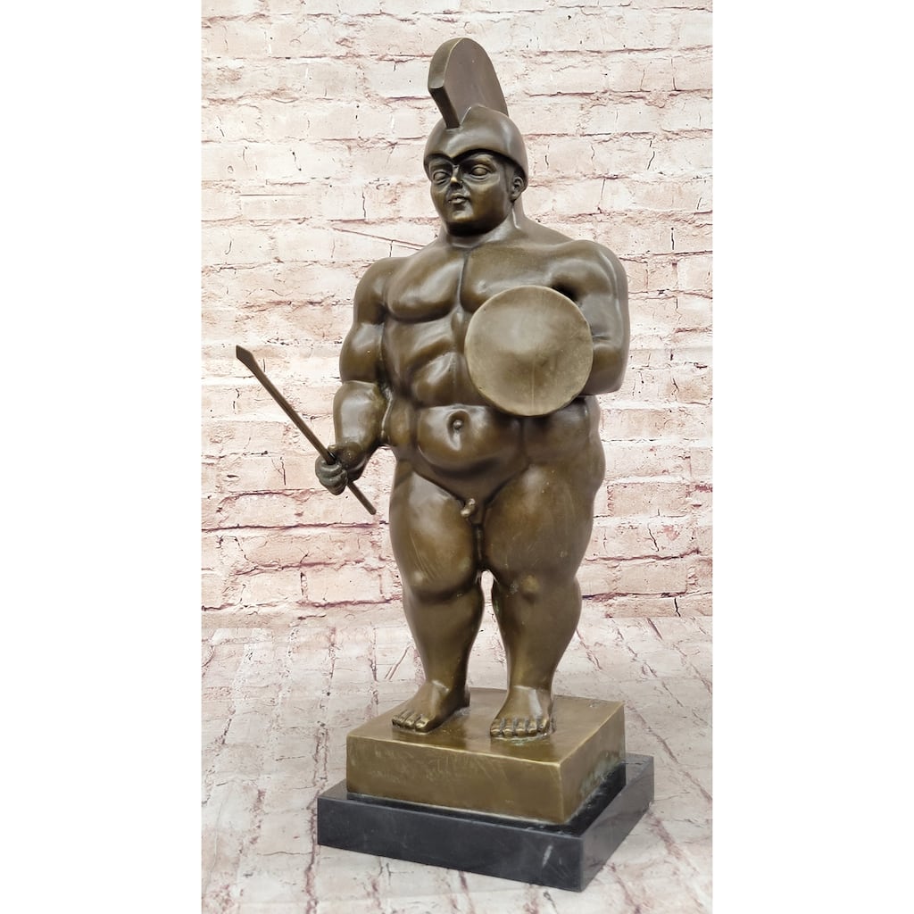 Greek Or Roman Warrior By Botero Bronze Sculpture Marble Base Statue Figurine Decor