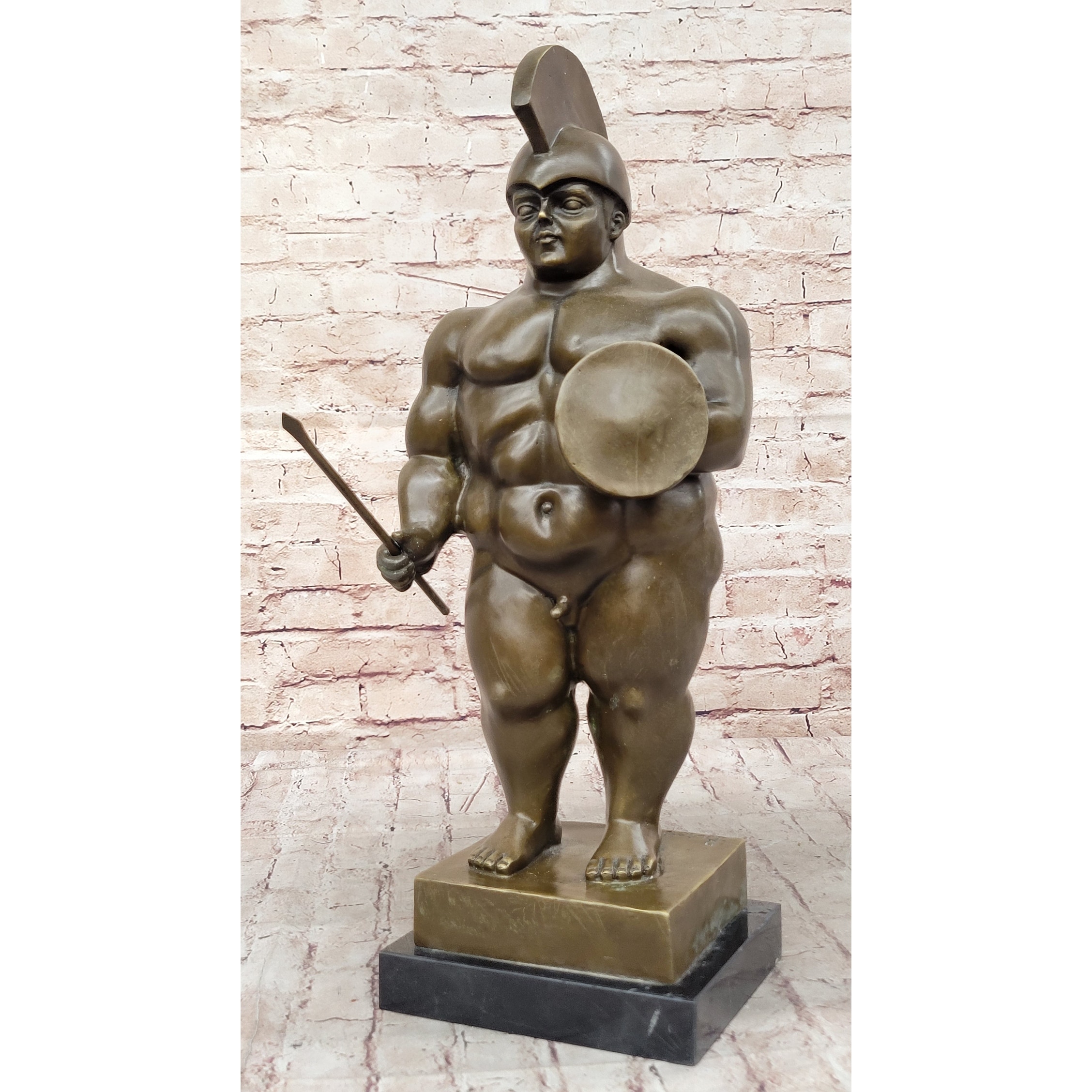 Greek Or Roman Warrior By Botero Bronze Sculpture Marble Base Statue Figurine Decor