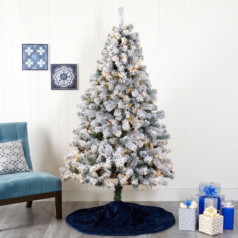 7' Pre-Lit Flocked Fir Artificial Christmas Tree, Warm Clear LED Lights - 7 Foot