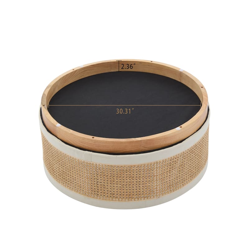 Linen & Rattan Round Storage Ottoman, Button-tufted Upholstery