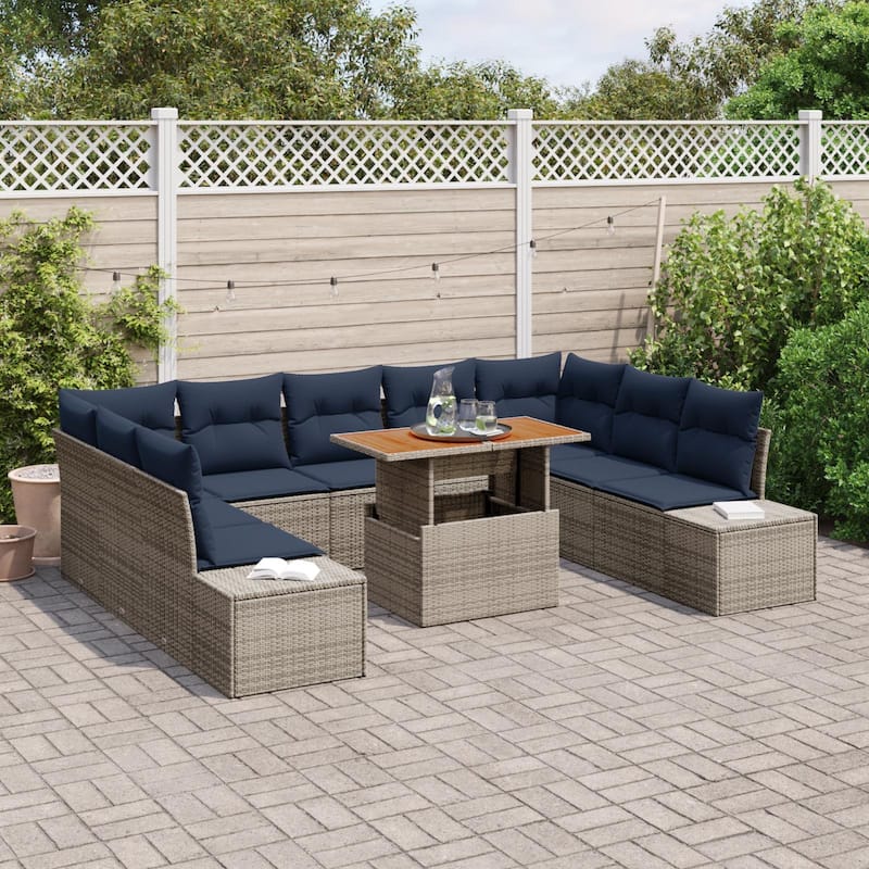 vidaXL 10 Garden Sofa Set with Cushions Black/Grey Poly Rattan - 113.8 x 82.3 x 27.2